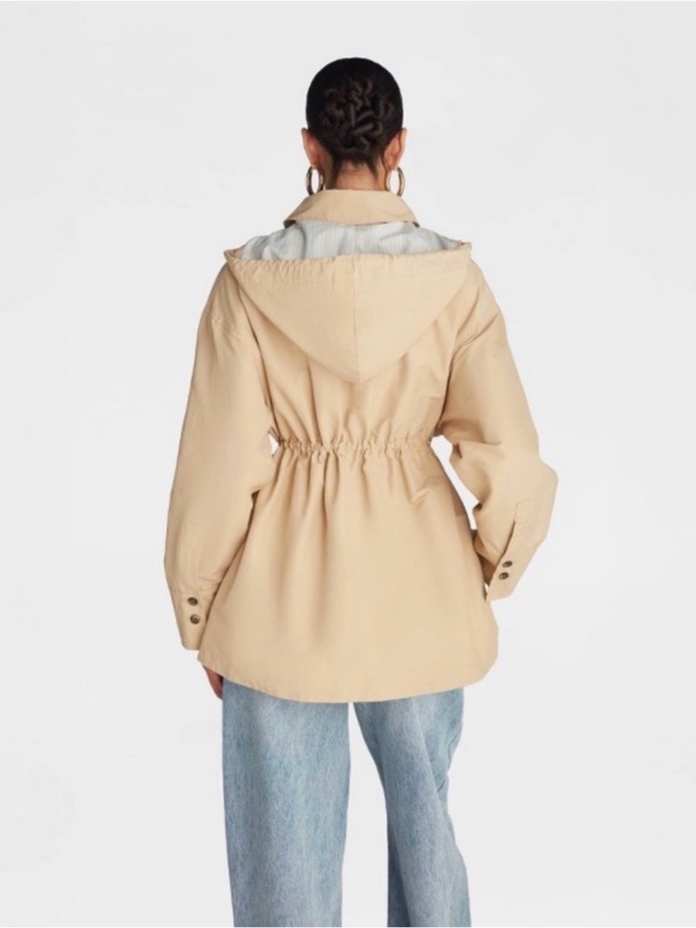 Women's Hooded Anorak Drawstring Waist Utility Oversized Jacket -Tan Medium NWT - Picture 4 of 11
